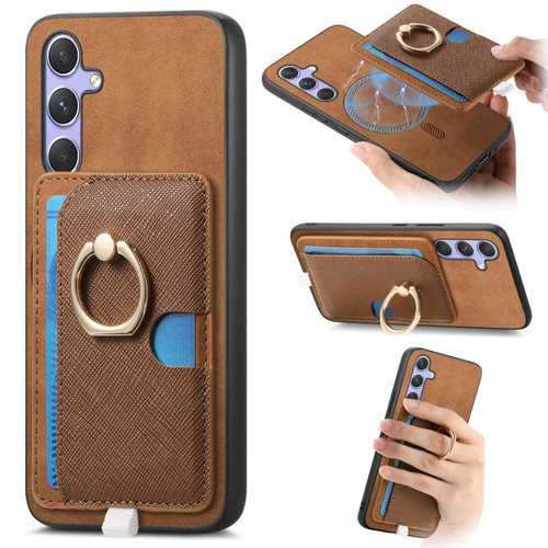 Samsung Galaxy A16 5G Retro Cross Leather Ring Side Insert Card Bag MagSafe Phone Case - Brown